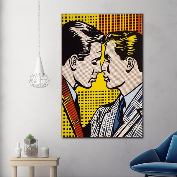 Kissing men pop art print colorful comic style downloadable wall art made with AI