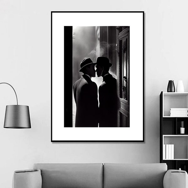 Black and white photography of kissing men in dark street print downloadable wall art made with AI