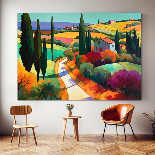 Panoramic landscape painting pop art print downloadable wall art made with AI
