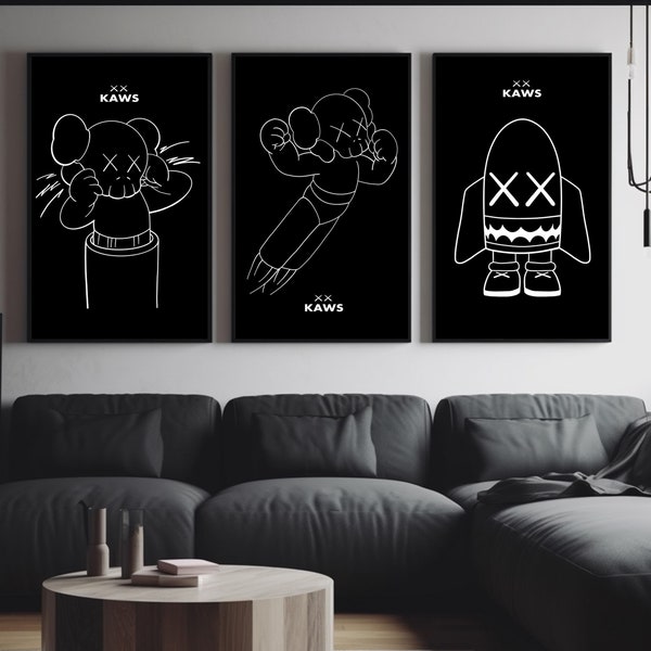 Black and White Kaws Prints | Kaws Poster - Set of 3 | Kaws Figure | Hypebeast Wall Art | printable downloadable wall art