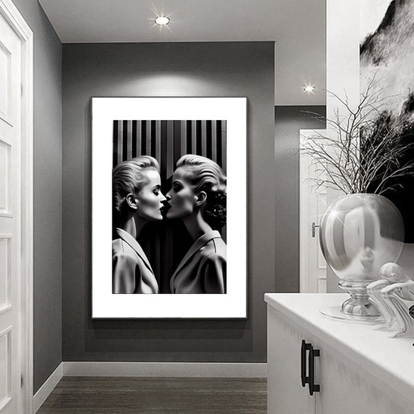 Black and white photography of kissing women print downloadable wall art made with AI
