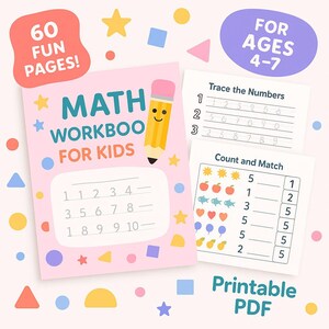 Math Workbook for Kids Ages 4–7 | 60 Pages Printable PDF | Number Tracing, Counting &  Preschool Activities