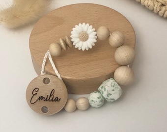 Schnullerkette personalisiert | Schnullerkette mit Namen | Schnullerkette mit Blume Eukalyptus | Junge oder Mädchen | aus Holz und Silikon