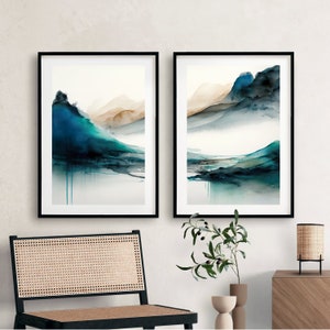 Diptych abstract teal wall art print,Colorful watercolor printable set of 2,Minimalistic petrol 2 piece gallery poster,Turquoise digital art