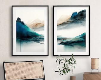 Diptych abstract teal wall art print,Colorful watercolor printable set of 2,Minimalistic petrol 2 piece gallery poster,Turquoise digital art