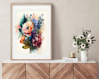 Colorful flower bouquet wall art, Floral botanical colourful digital art, Flower printable wall decor, Watercolor boho blossoms poster