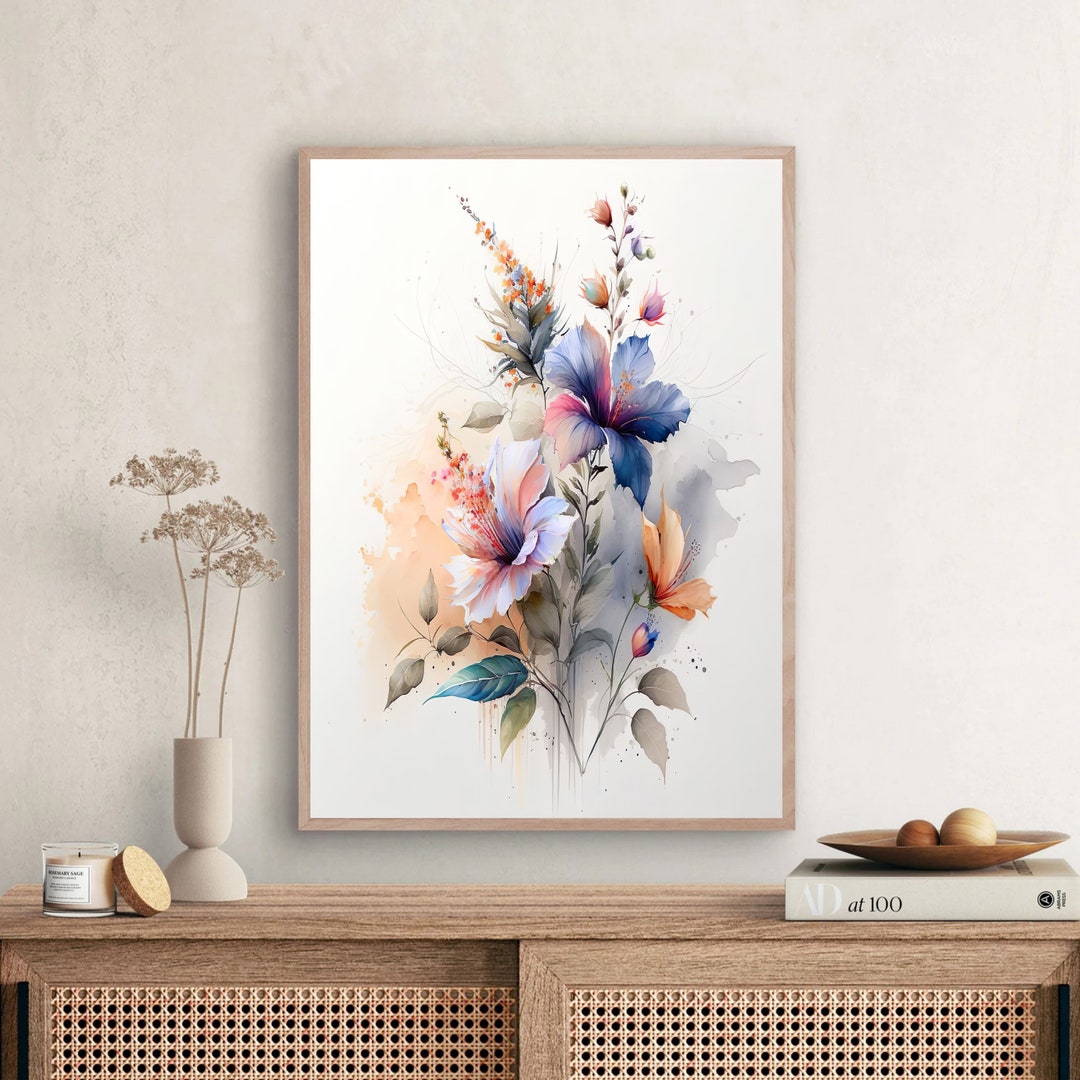 Colourful Flower Bouquet Wall Art, Colorful Wildflower Digital Art