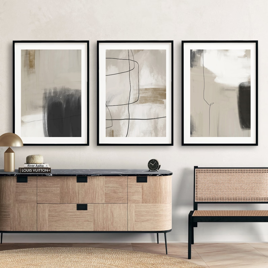 Modern Neutral Abstract Printable Wall Set of 3, Tryptic Black and ...