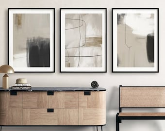 Modern neutral abstract printable wall set of 3, Tryptic Black and Beige abstract print, Minimalist neutral gallery wall, Japandi wall decor