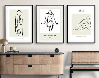 Set of 3 Female line wall art prints, Minimalist beige decor woman line body print, Tryptic la femme silhouette printable wall poster