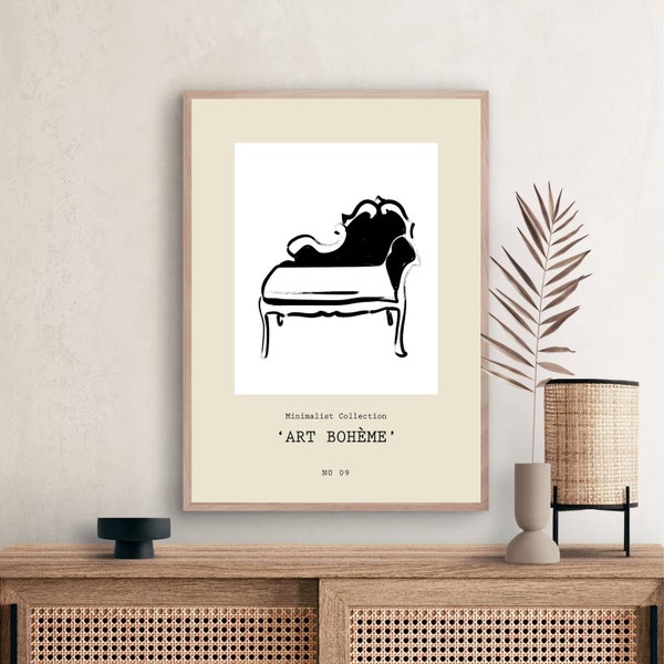 Chaise longue Boheme printable wall art, Minimalistic chair wall poster, Sofa drawing wall art print, Neutral couch-length chair wall deco