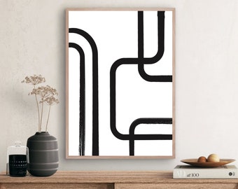 Mid-century black line printable wall art, Minimalistic contemporary wall poster, Line drawing wall art print, Neutral printable wall decor