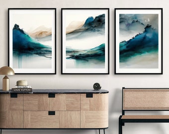 Watercolor Abstract Landscape Print Set: Teal Gallery Wall Art (Digital Download)