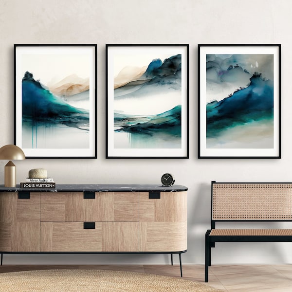 Colorful watercolor printable wall art set of 3, Tryptic abstract teal wall art print, Minimalistic petrol 3 piece gallery wall poster