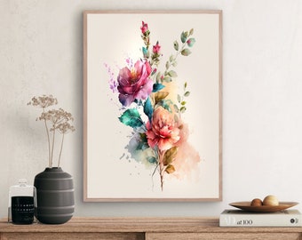 Colourful flower bouquet wall art, Colorful floral arrangement digital art, Pink rose wildflower wall art, Watercolor blossoms poster