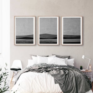 Black and white pastel printable wall art set of 3, Minimalist abstract B&W tryptic wall decor, Greyscale mountain landscape 3 piece art