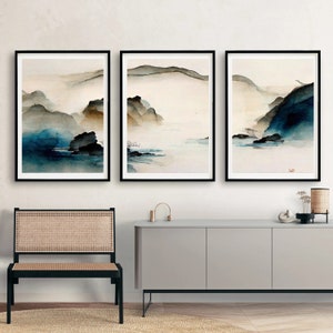 Beige Ombre Watercolor Print Set: Abstract Teal Triptych (Digital Download)