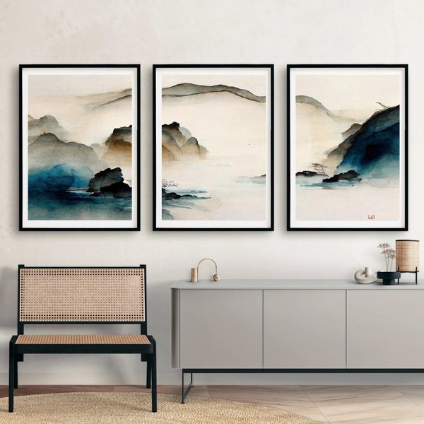 Set of 3 printable beige ombre watercolor wall art, Tryptic abstract teal wall art print, Minimalist petrol 3 piece gallery wall poster