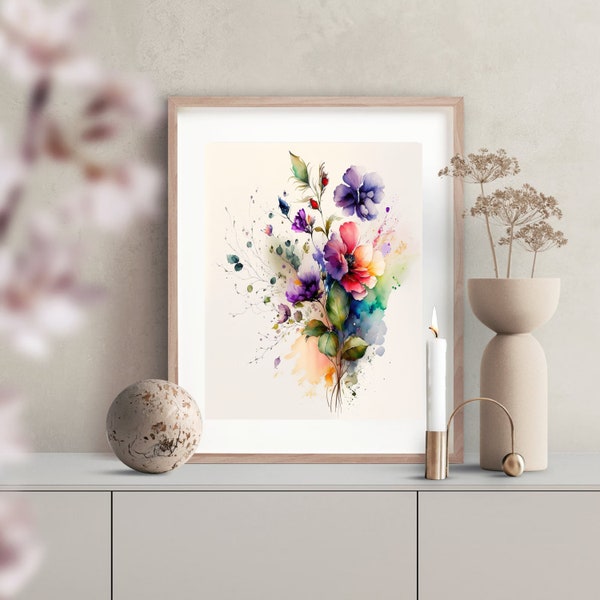Colourful flower bouquet wall art, Colorful floral arrangement digital art, Purple Browallia printable wall art, Watercolor blossoms poster