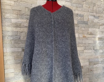 Pearly Grey Handmade Knitted Poncho Mohair