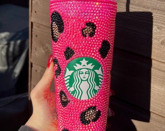 Pink Leopard Print Rhinestone Starbucks Tumbler