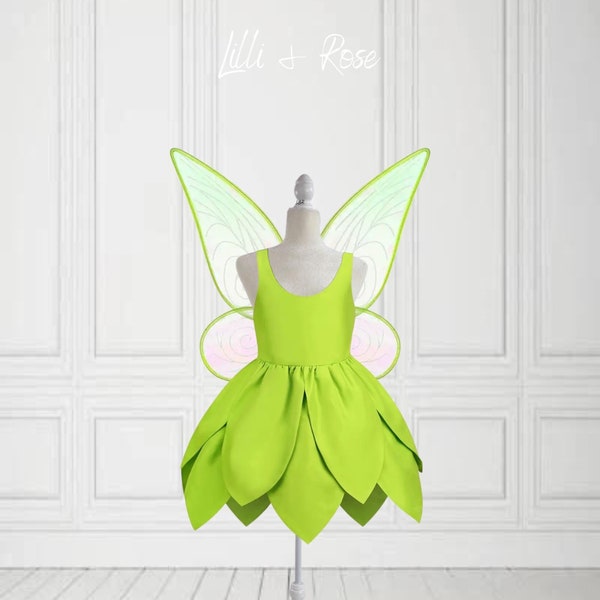 Conjunto de vestido de hadas verde Tinker Bell | Vestido y alas | Vestido de fiesta para niñas | Disfraces 2023| Cosplay de hadas| vestir hadas