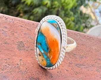 Spiny Oyster Copper Turquoise Ring, Handmade 925 Sterling Silver Ring,