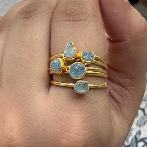 Raw Aquamarine Ring, Raw Stone Ring, Gold Plated Ring, Five Set Ring, Stacking Ring, Handmade Ring, Silver Gold Plated Ring, Gifts For Her,