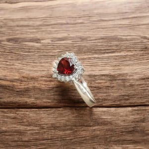 Garnet Heart Ring: Sterling Silver CZ Halo, Wedding Proposal