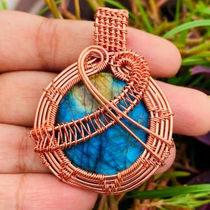Wire Wrapped Labradorite Pendant: Handmade Antique Copper Jewelry