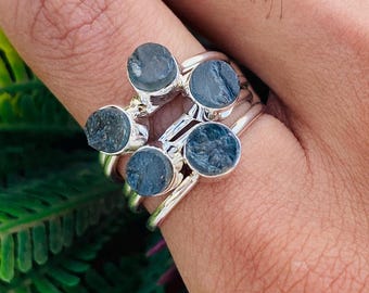 Raw Aquamarine Sterling Silver Ring Set - Handmade Stacking Rings