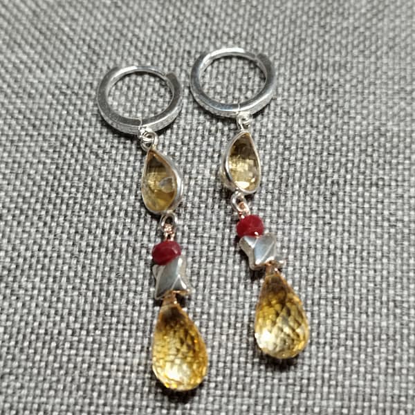 BO créoles argent rhodié 925, Citrine et Rubis