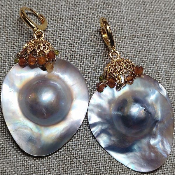 Superbes!!! boucles d'oreilles perles Mabés XXL, grenats - Gold-filled 14K