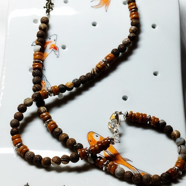 collier - sautoir en agates originales et lézard argent 92.5