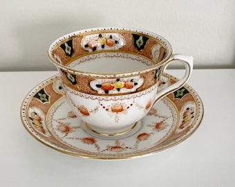 Vintage Imari Royal Albert Crown porslin tekopp med fat antik brungrön och gul tekopp med fat, 1920-talet