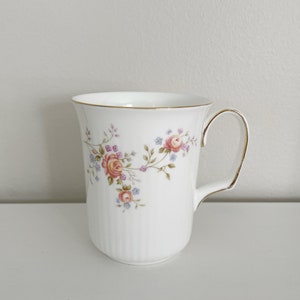 Royal Albert Peach Rose Vintage Coffee Mug, Pink Rose Purple and Green Leaf Coffee Cup, Bone China, Made in England, Tall Shape