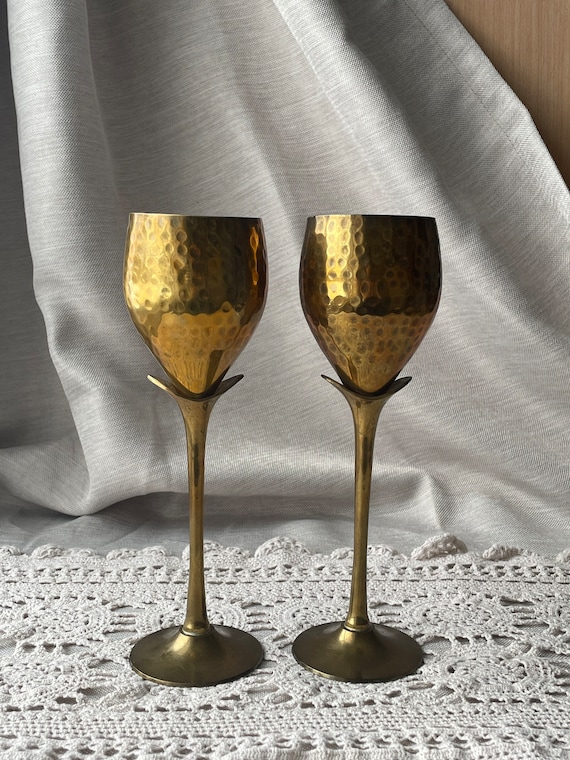 Vintage Hammered Solid Brass Wine Goblets With Floral Stem 