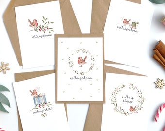 Irish Language 5 Pack Illustrated Christmas Card, Robin Themes Christmas Card, Carta Nollaig