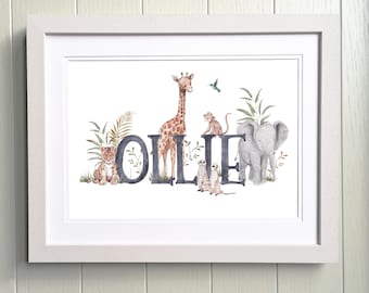 Boys Jungle Animal Name Print, Personalised Name Art, Boys Jungle Name Illustration, Safari Animal, Unique Gift For Boys, Zoo Themed Gift