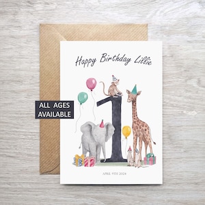 Tarjeta de cumpleaños para niñas, tarjeta de cumpleaños personalizada con temática de jungla, tarjeta de celebración del primer cumpleaños, divertida tarjeta de felicitación de cumpleaños personalizada para niños
