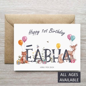 Tarjeta de cumpleaños para niñas, tarjeta de cumpleaños personalizada con temática de animales de fiesta, tarjeta de celebración de cumpleaños, divertida tarjeta de felicitación de cumpleaños personalizada para niños