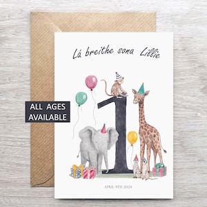Tarjeta de cumpleaños para niña en irlandés, tarjeta de cumpleaños personalizada con temática de jungla, tarjeta de Lá Breithe, divertida tarjeta de felicitación de cumpleaños personalizada para niña.