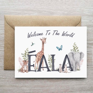 Tarjeta personalizada de bienvenida al mundo para niñas, tarjeta para bebé recién nacida, tarjeta para niña, tarjeta de safari para bebé, tarjeta de bienvenida al bebé, zoológico