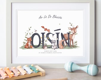 Unisex Irish Language Christening Print, Personalised  Baptism Name Print, Christening Gift For Baby, Boys Girls Christening Gift