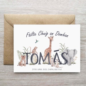 Jungen irische Sprache personalisierte neue Baby Geburtskarte, Baby Karte, Anam Cárta, Fáilte Karte, Safari Tier Baby Karte, Zoo Tier Karte, Geschenk