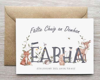 Girls Irish Language Personalised New Baby Birth Card,  Baby Card, Welcome To The World Card, Fáilte Card, Forest Animal Birth Card, Failte