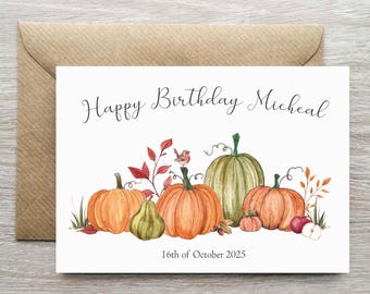 Personalised Pumpkin Themed Birthday Card, Customisable Birthday Card, Grandparent Birthday Card, Autumn Card, Unisex Greeting Card