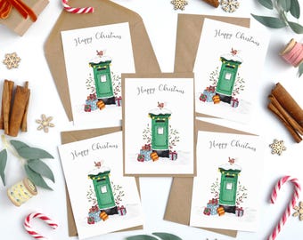 5 Pack Illustrated Christmas Card, Irish Post Box Theme Christmas Card, Christmas Cards From Ireland, Robin Themed Xmas Card Pack