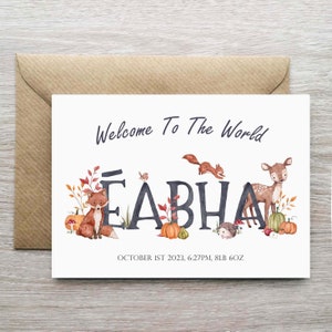 Meisjes herfst herfst thema babykaart, gepersonaliseerde nieuwe babykaart meisje, kaart voor nieuwe baby meisje, bos dieren babykaart, Ierse naamkaart