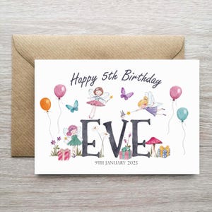 Tarjeta de cumpleaños con temática de hadas, tarjeta de hadas personalizada, tarjeta para el primer cumpleaños, tarjeta de celebración, tarjeta de felicitación de cumpleaños personalizada para niños